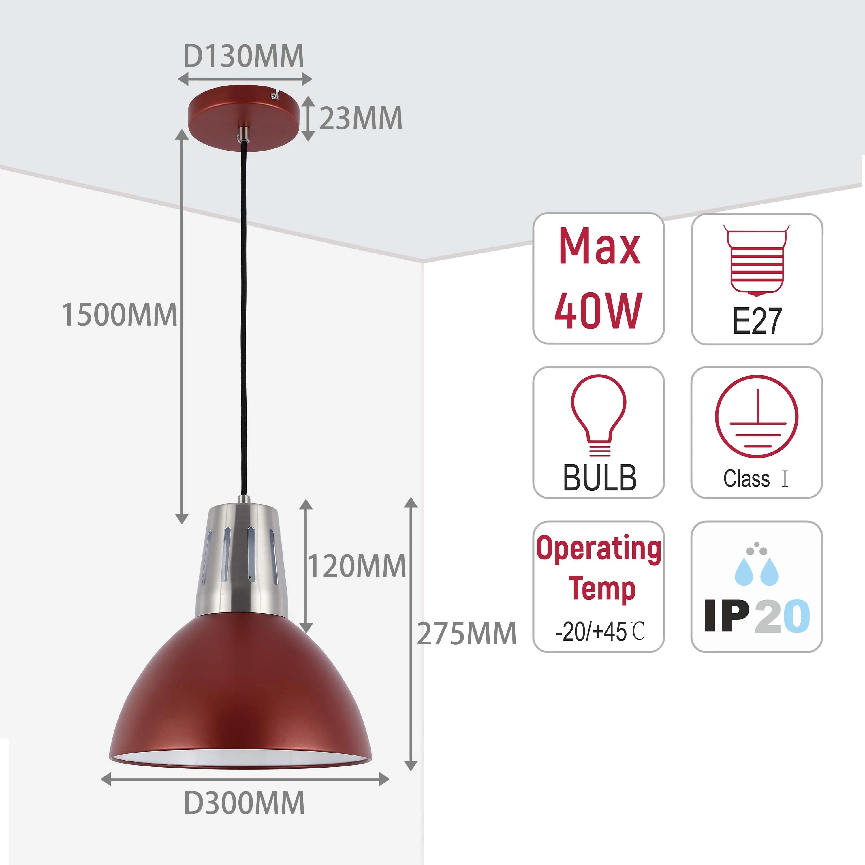 Lámpara colgante moderna tipo cúpula – Casquillo E27, diámetro 280 mm, regulable