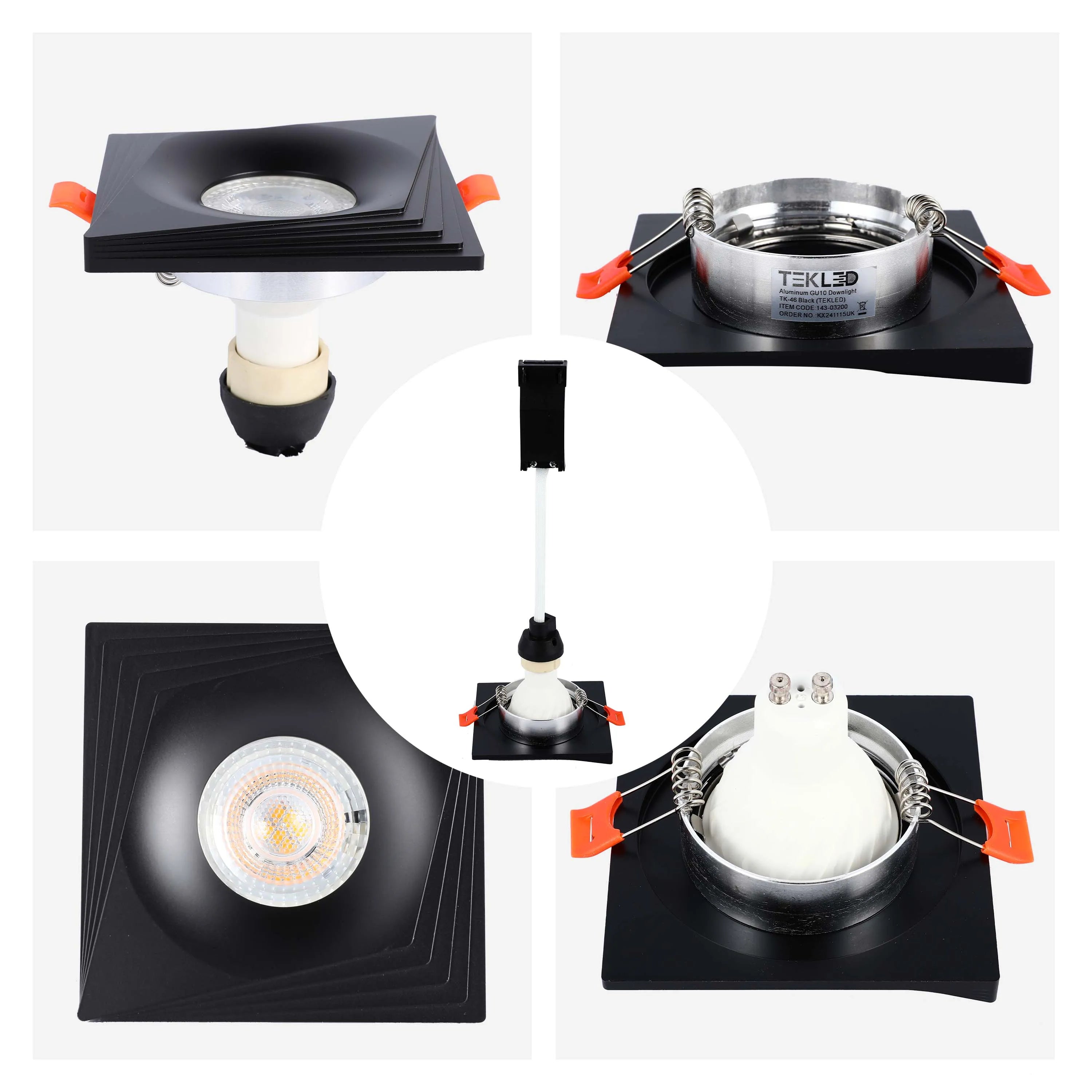 Downlight cuadrado empotrado GU10 - 94 mm, regulable, marco de aluminio
