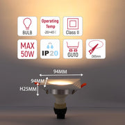 Downlight cuadrado empotrado GU10 - 94 mm, regulable, marco de aluminio