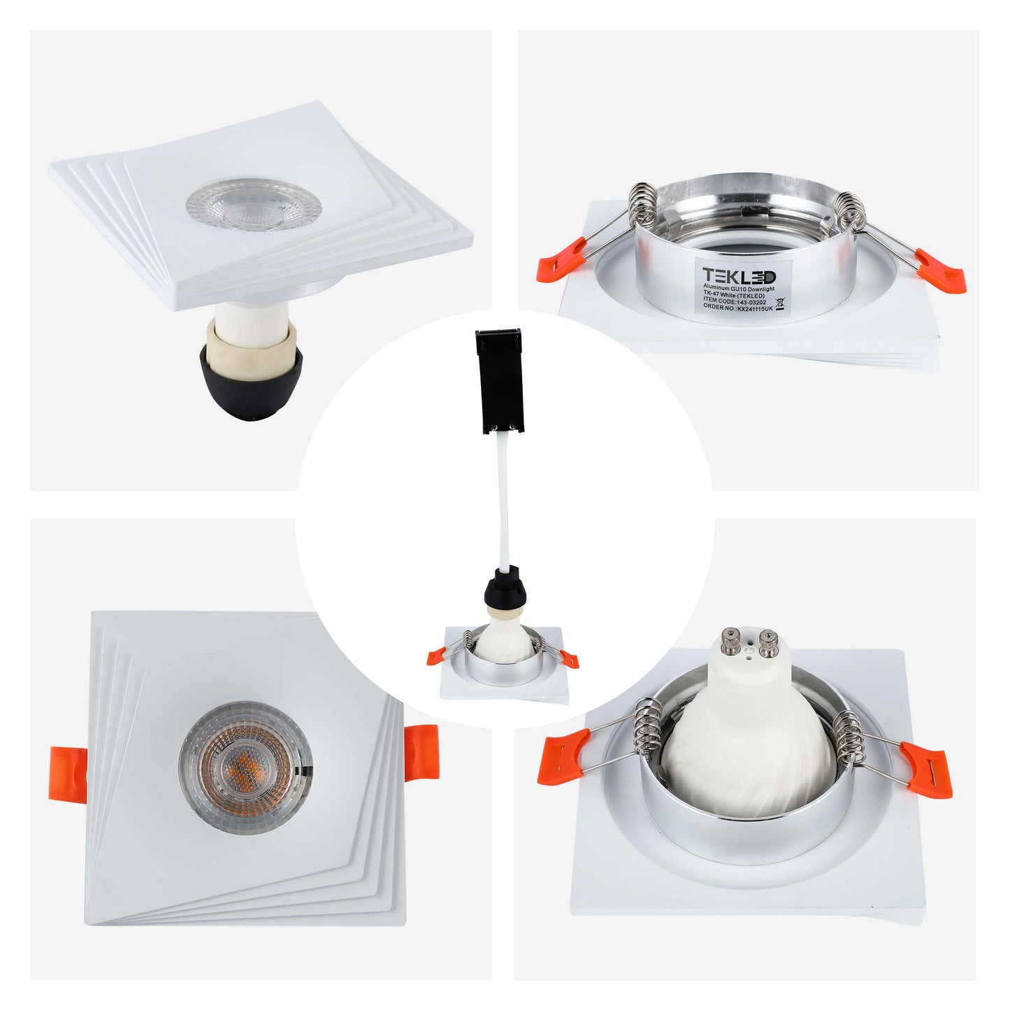 Downlight cuadrado empotrado GU10 - 94 mm, regulable, marco de aluminio