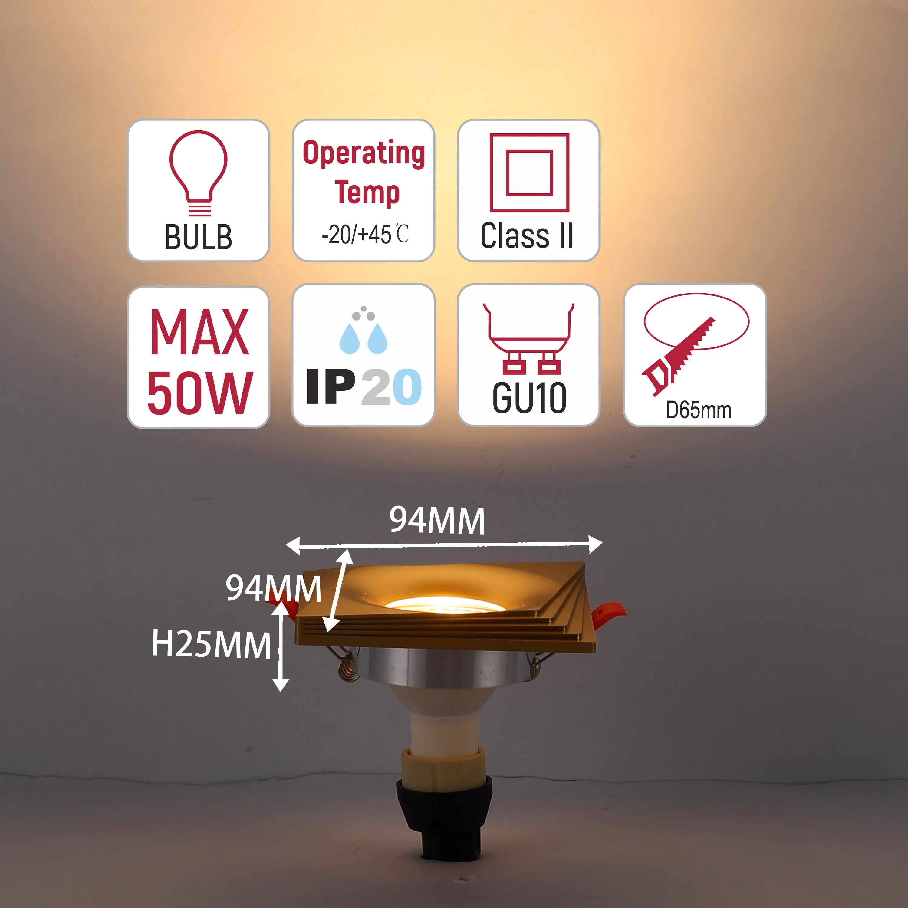 Downlight cuadrado empotrado GU10 - 94 mm, regulable, marco de aluminio