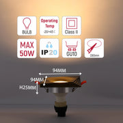 Downlight cuadrado empotrado GU10 - 94 mm, regulable, marco de aluminio