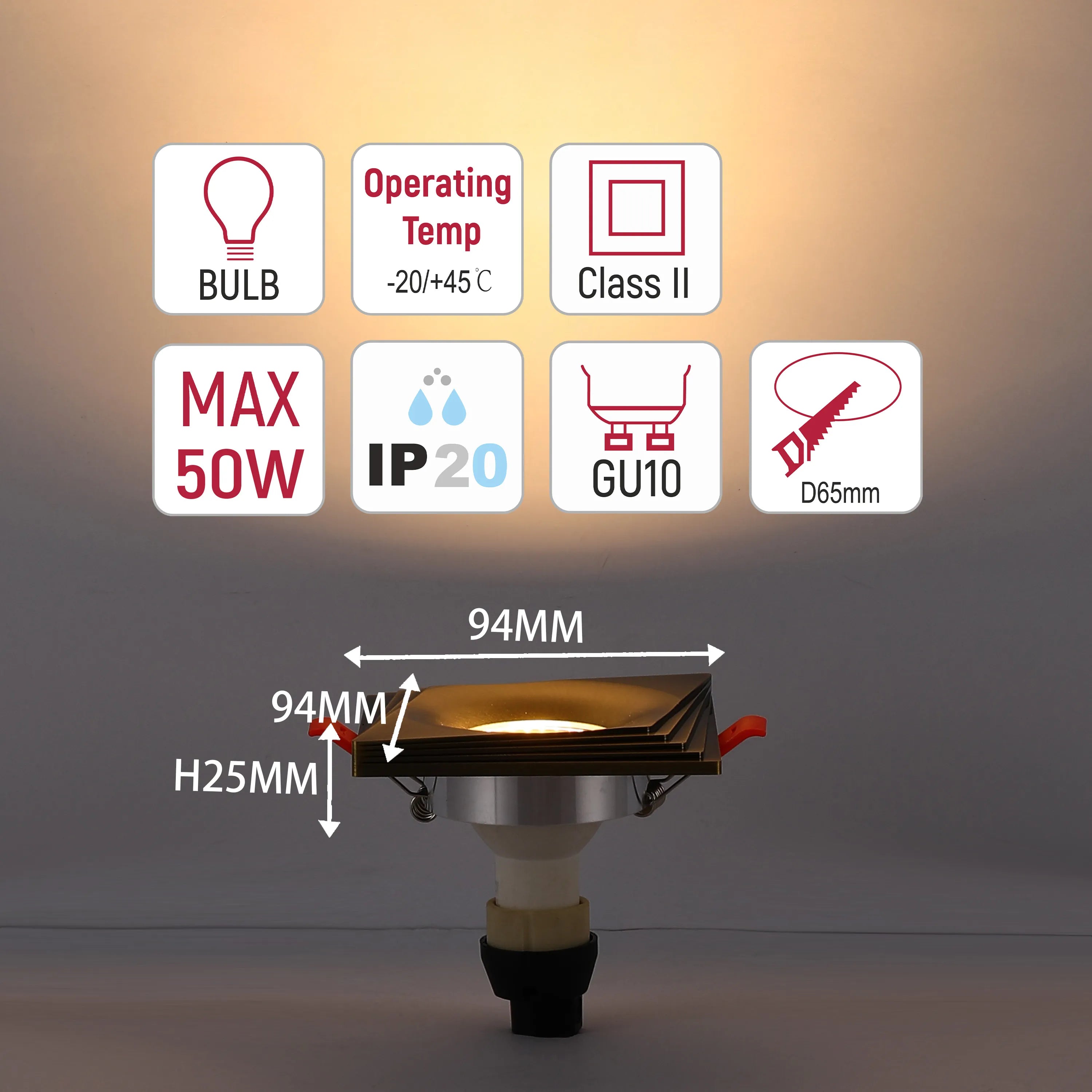 Downlight cuadrado empotrado GU10 - 94 mm, regulable, marco de aluminio