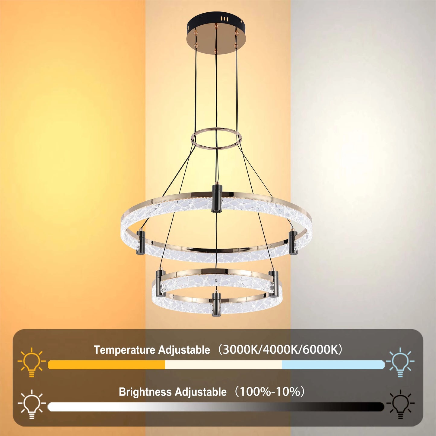Lámpara de techo moderna LED, colgante de aros de cristal en niveles