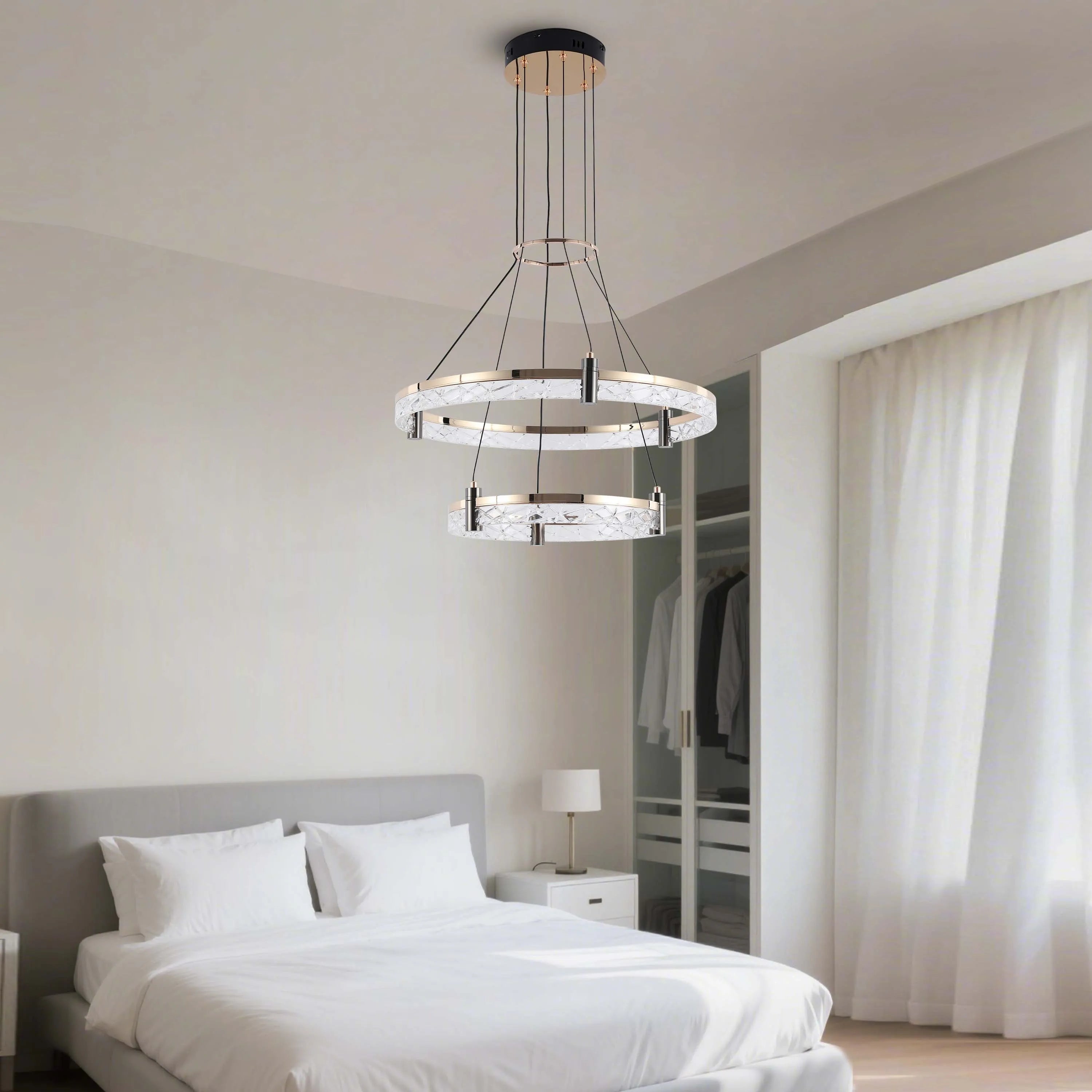 Lámpara de techo moderna LED, colgante de aros de cristal en niveles