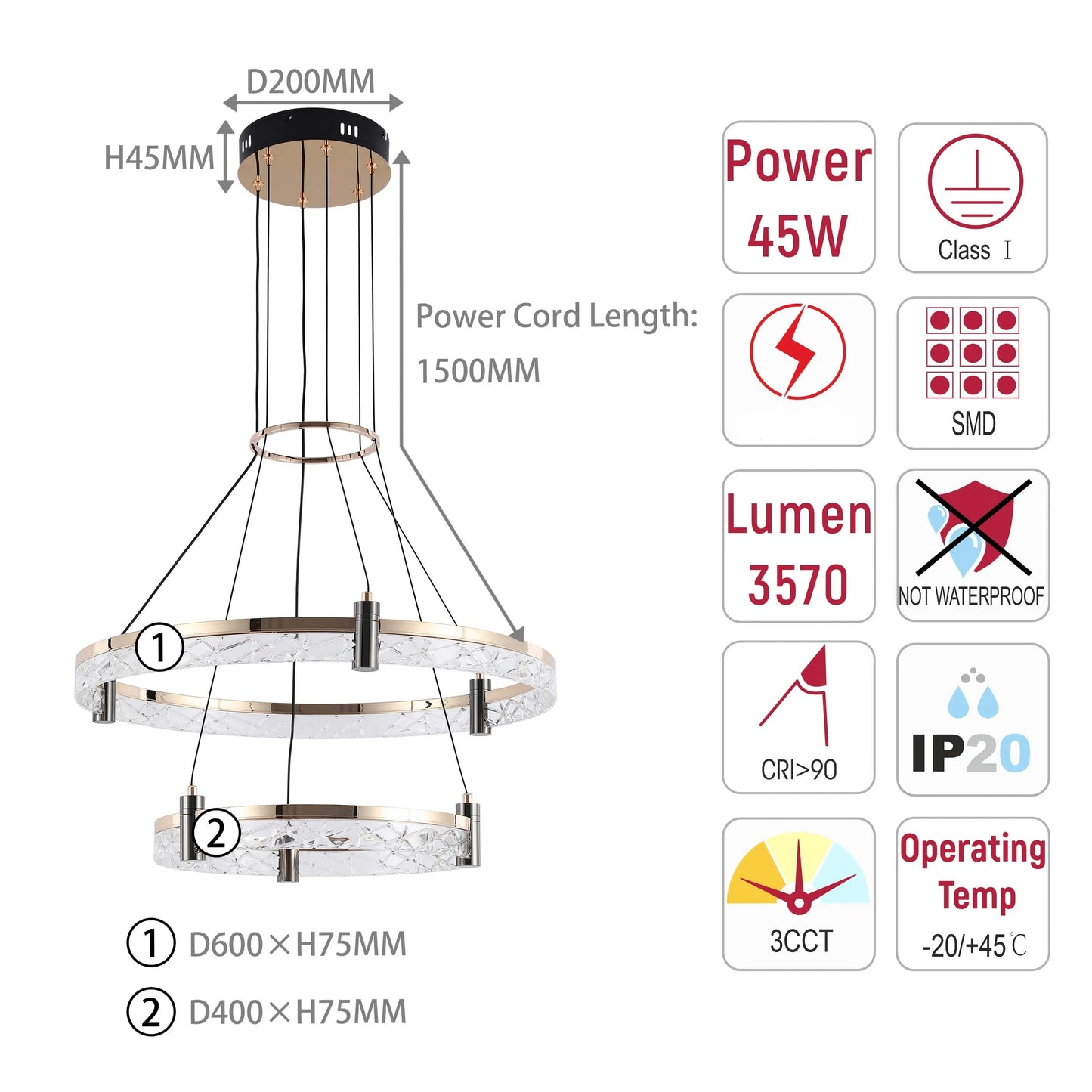 Lámpara de techo moderna LED, colgante de aros de cristal en niveles