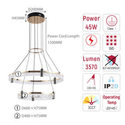 Lámpara de techo moderna LED, colgante de aros de cristal en niveles
