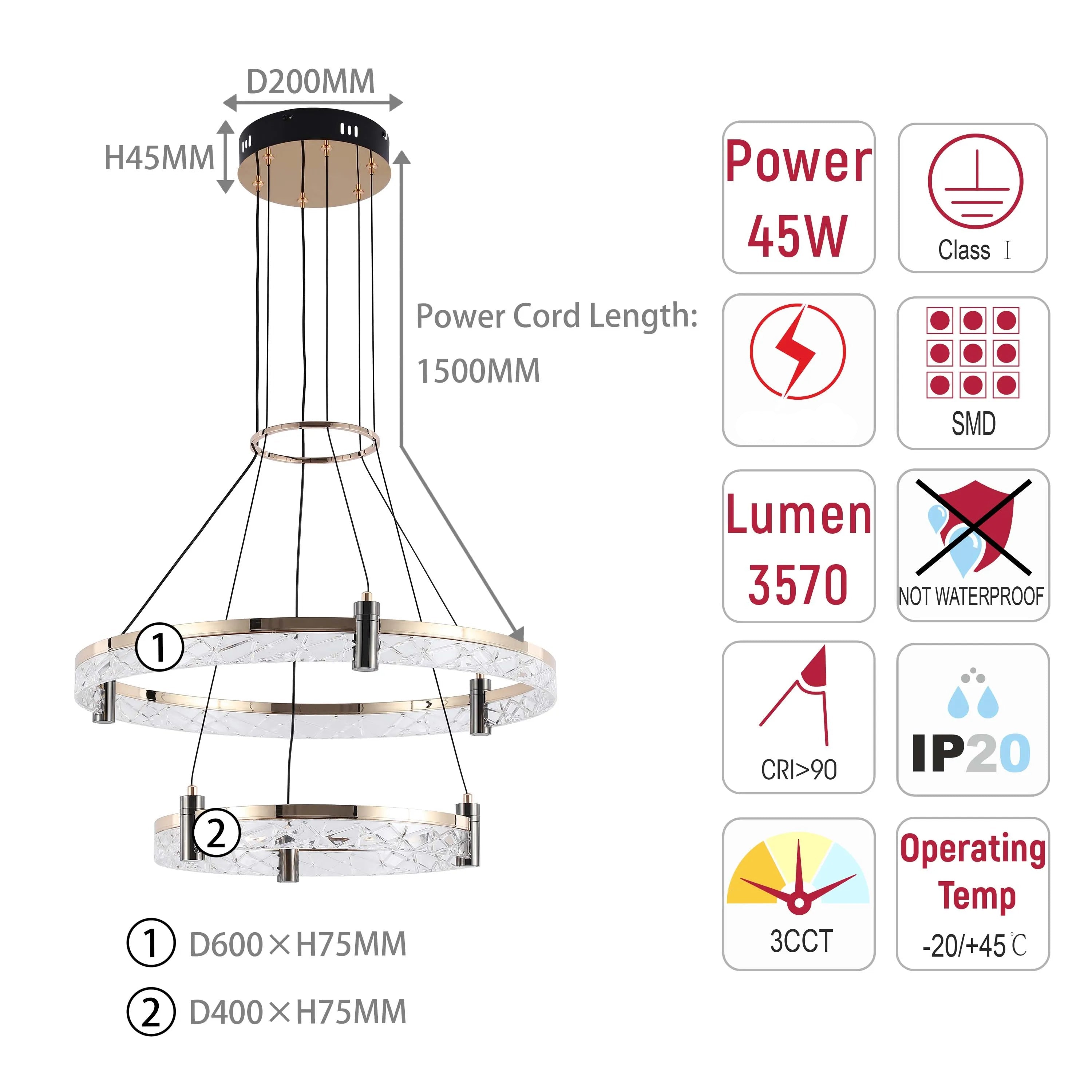 Lámpara de techo moderna LED, colgante de aros de cristal en niveles