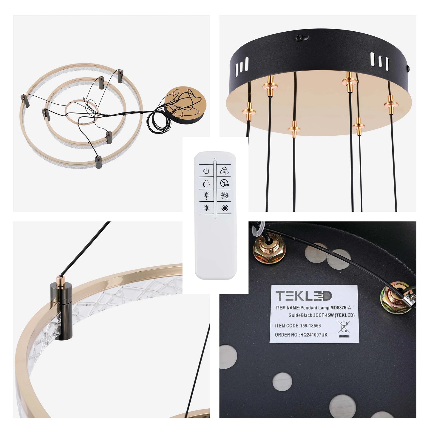 Lámpara de techo moderna LED, colgante de aros de cristal en niveles