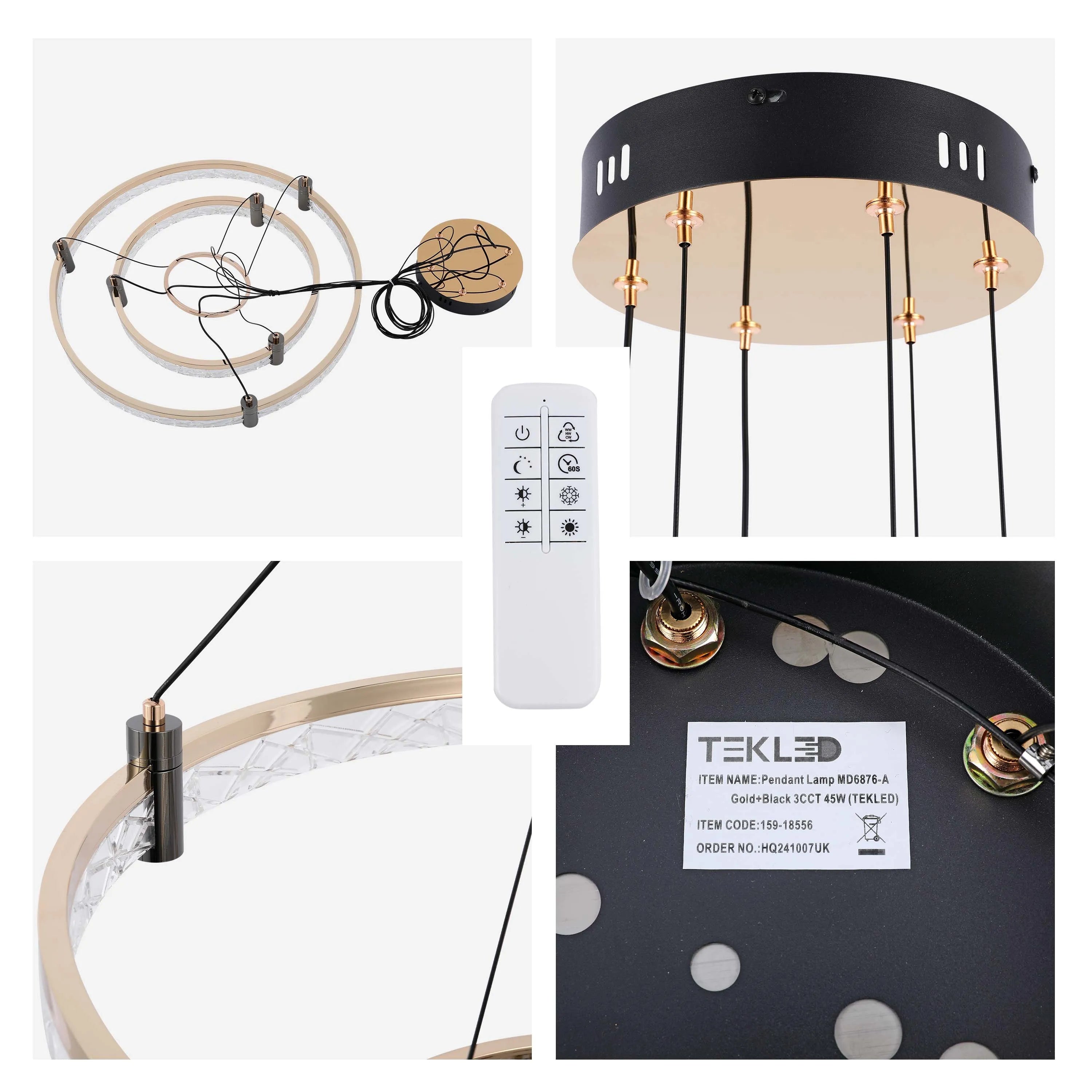 Lámpara de techo moderna LED, colgante de aros de cristal en niveles