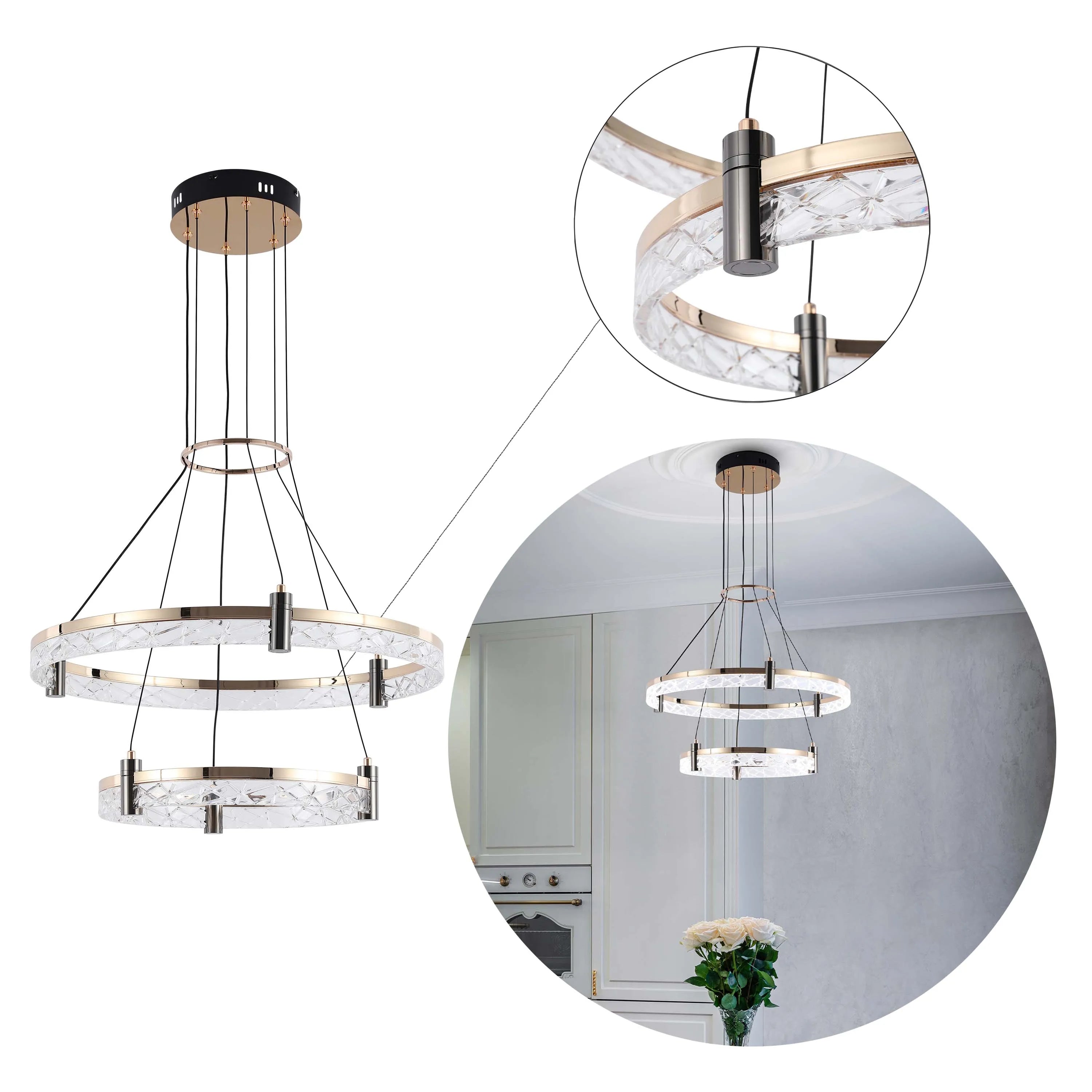 Lámpara de techo moderna LED, colgante de aros de cristal en niveles