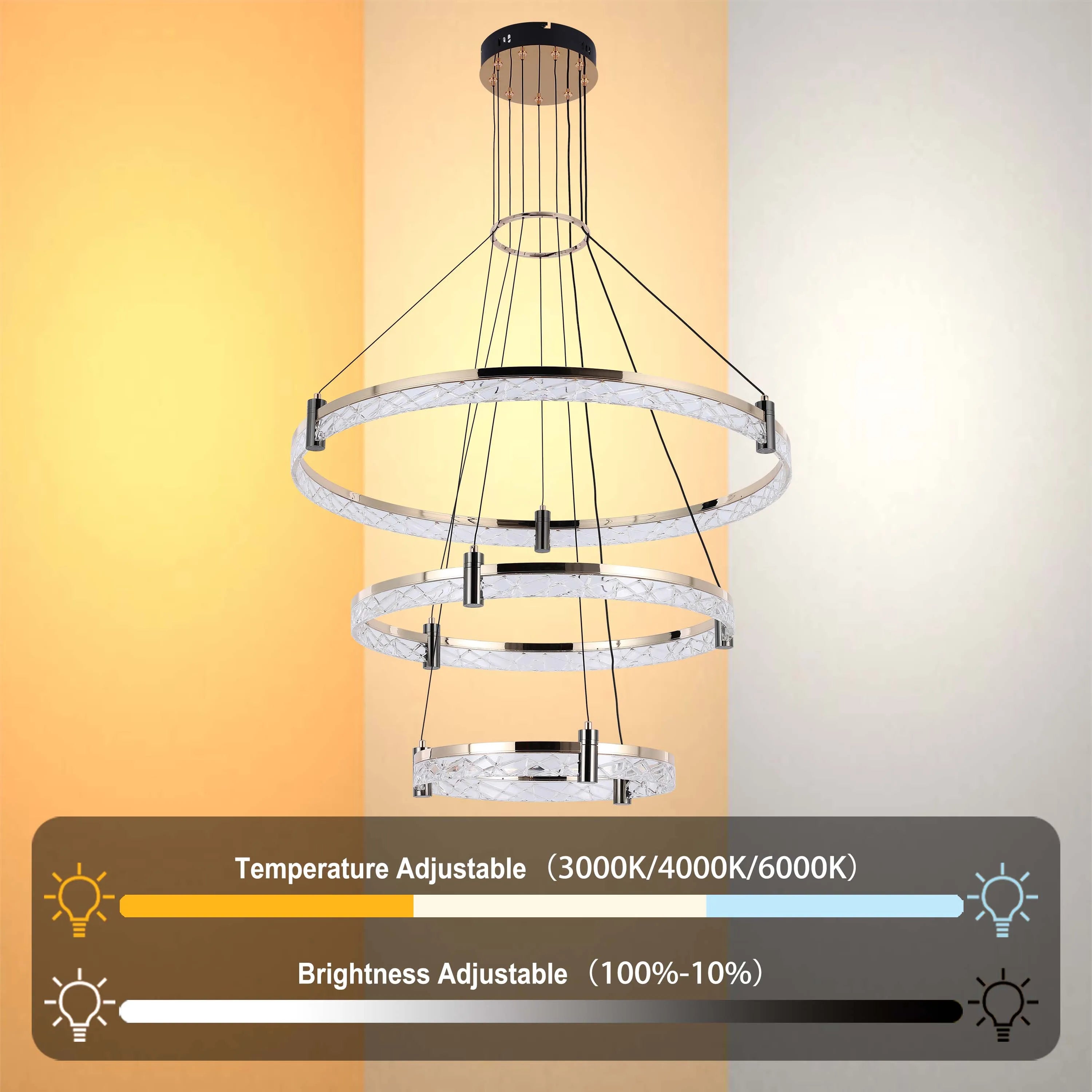 Lámpara de techo moderna LED, colgante de aros de cristal en niveles