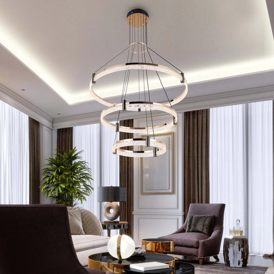 Lámpara de techo moderna LED, colgante de aros de cristal en niveles