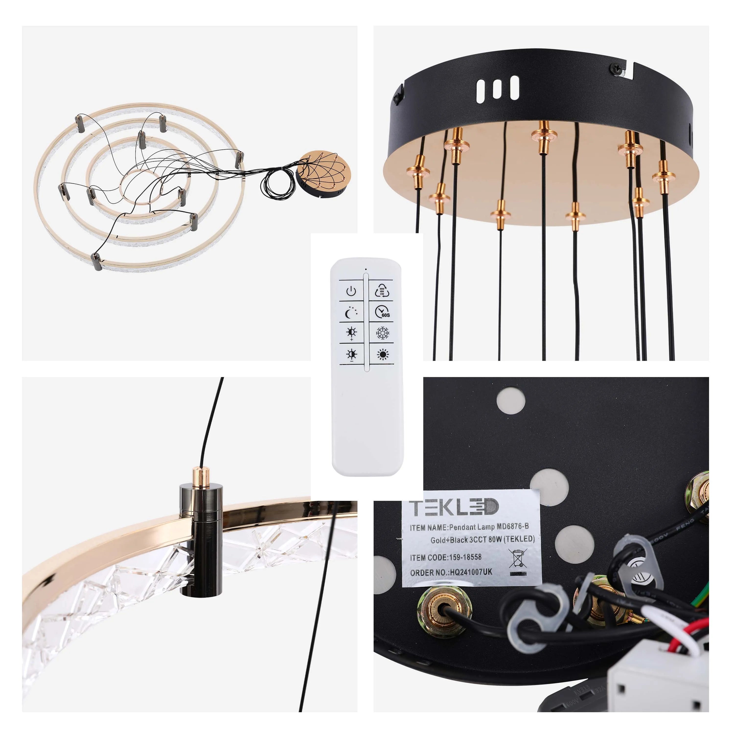 Lámpara de techo moderna LED, colgante de aros de cristal en niveles