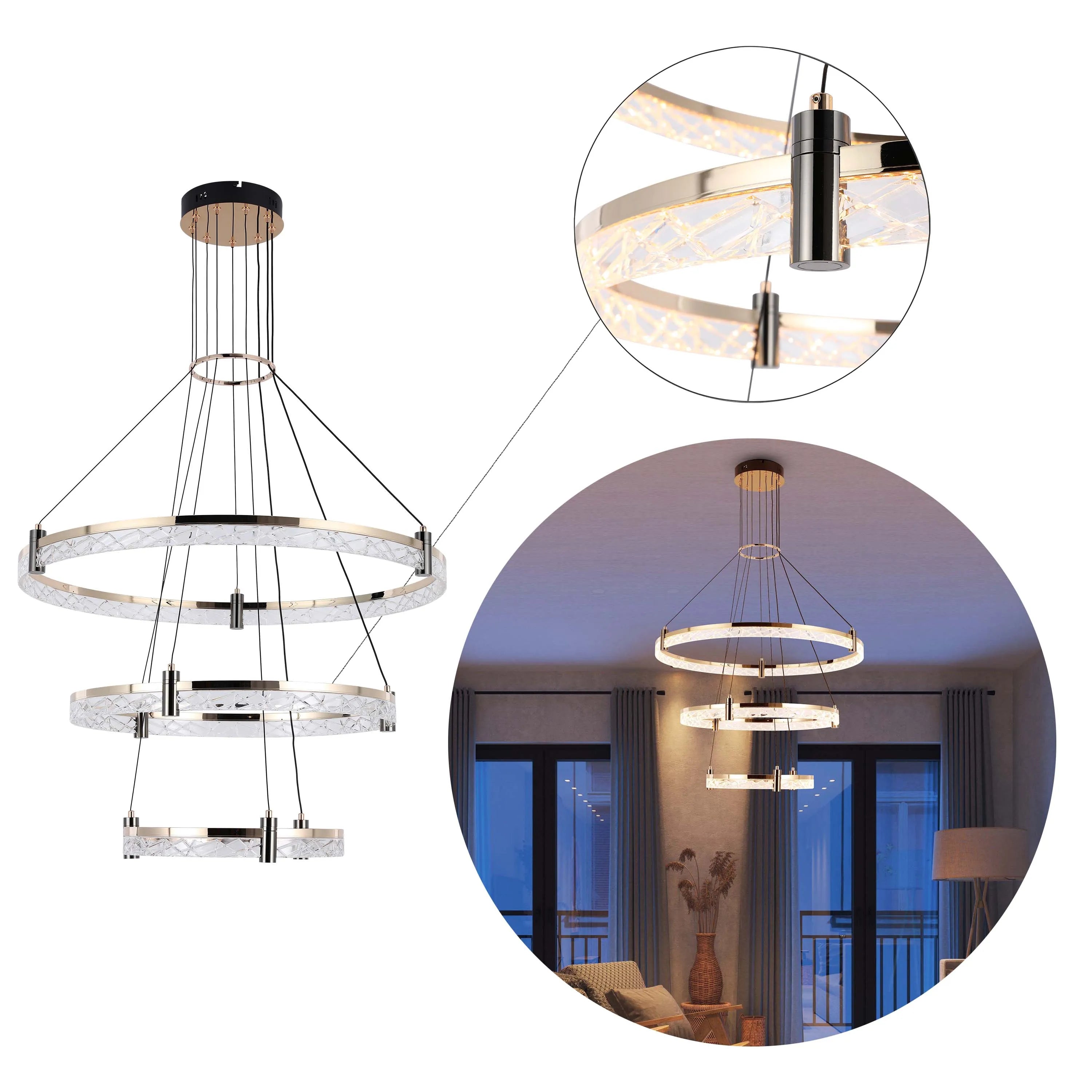 Lámpara de techo moderna LED, colgante de aros de cristal en niveles