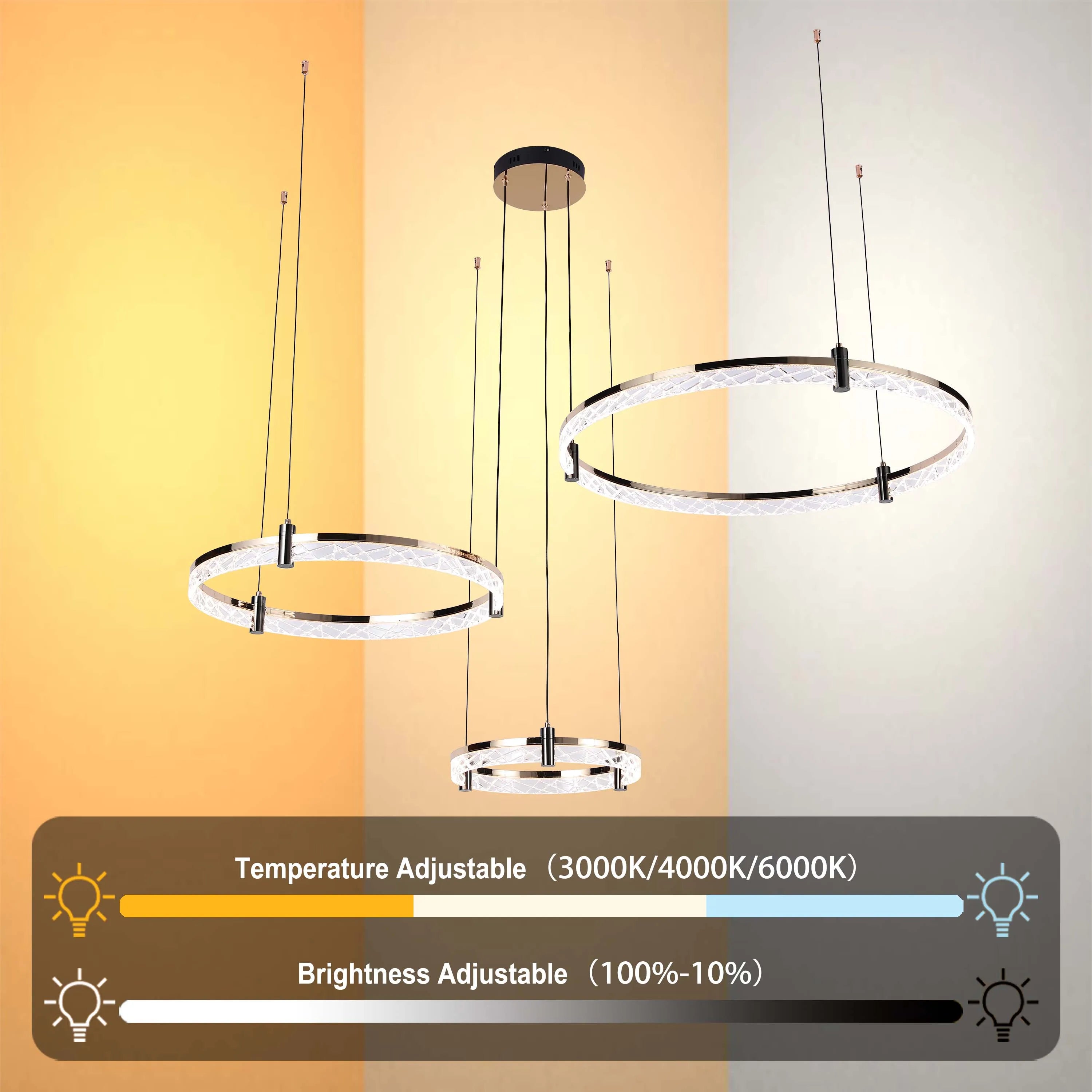 Lámpara de techo moderna LED, colgante de aros de cristal en niveles
