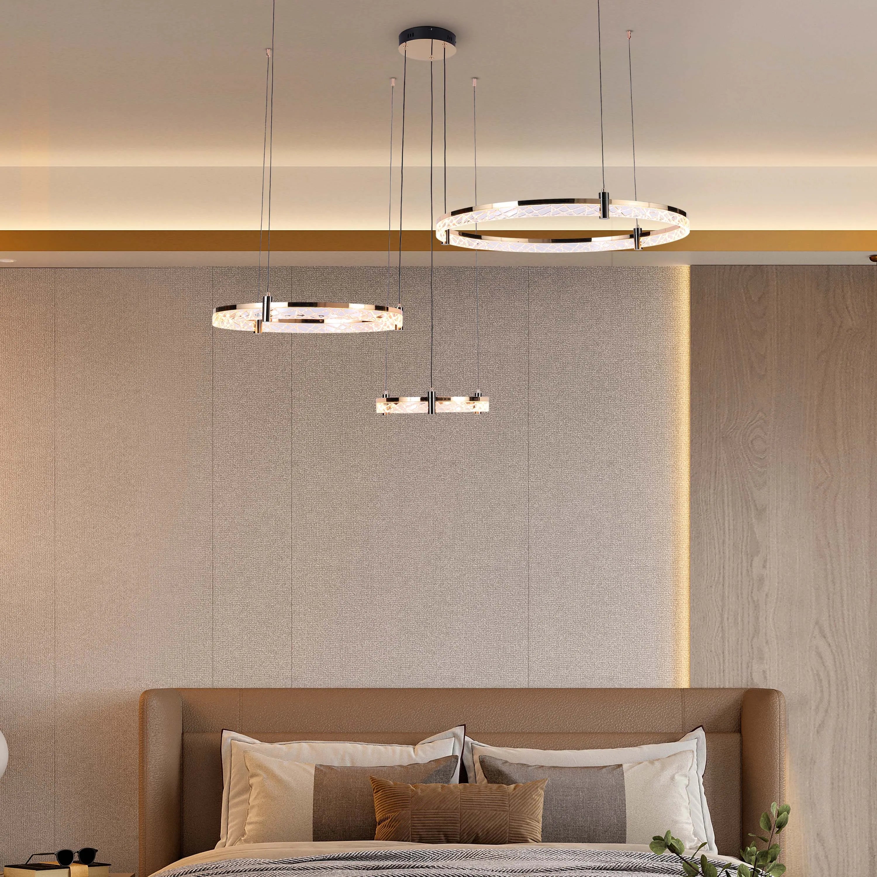 Lámpara de techo moderna LED, colgante de aros de cristal en niveles