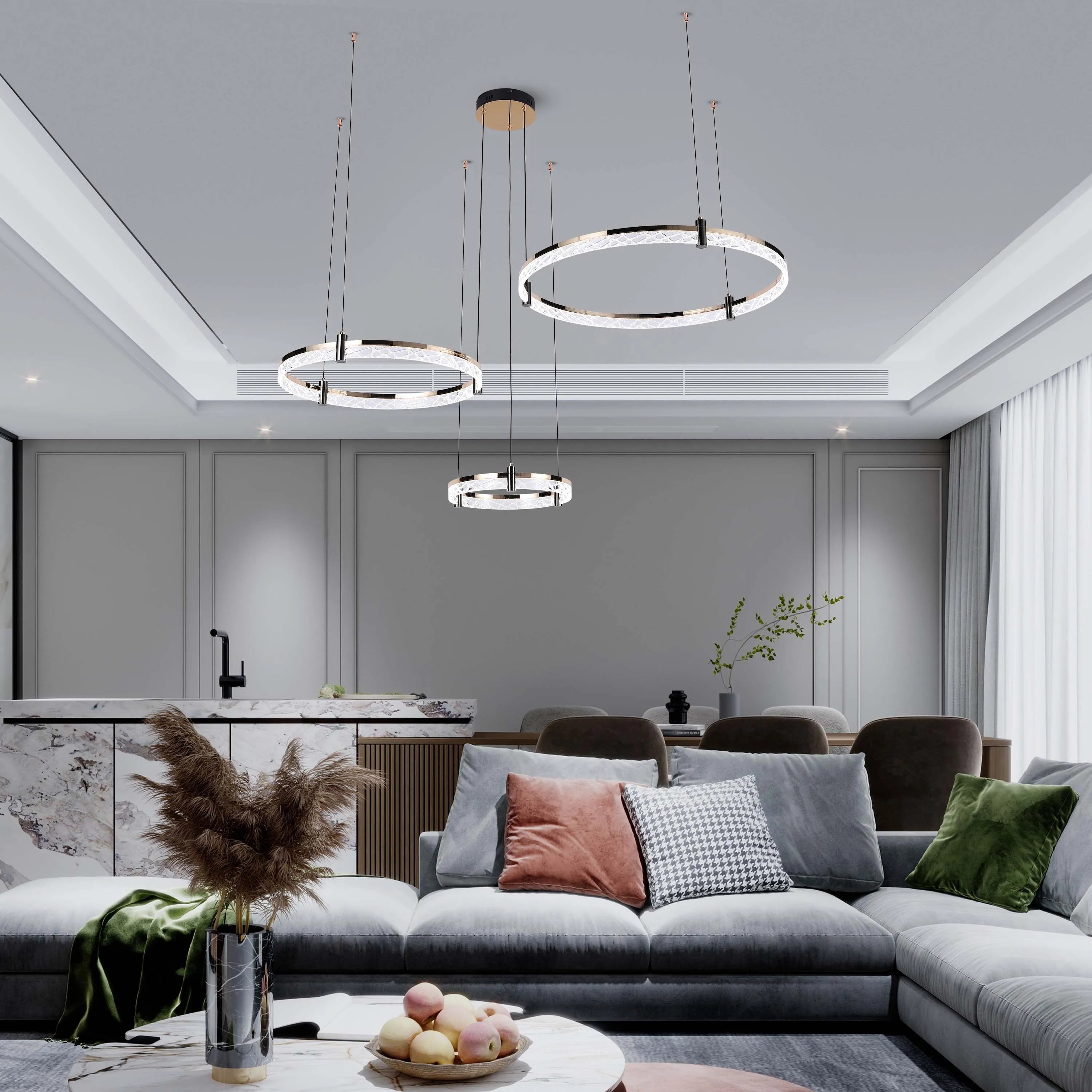 Lámpara de techo moderna LED, colgante de aros de cristal en niveles