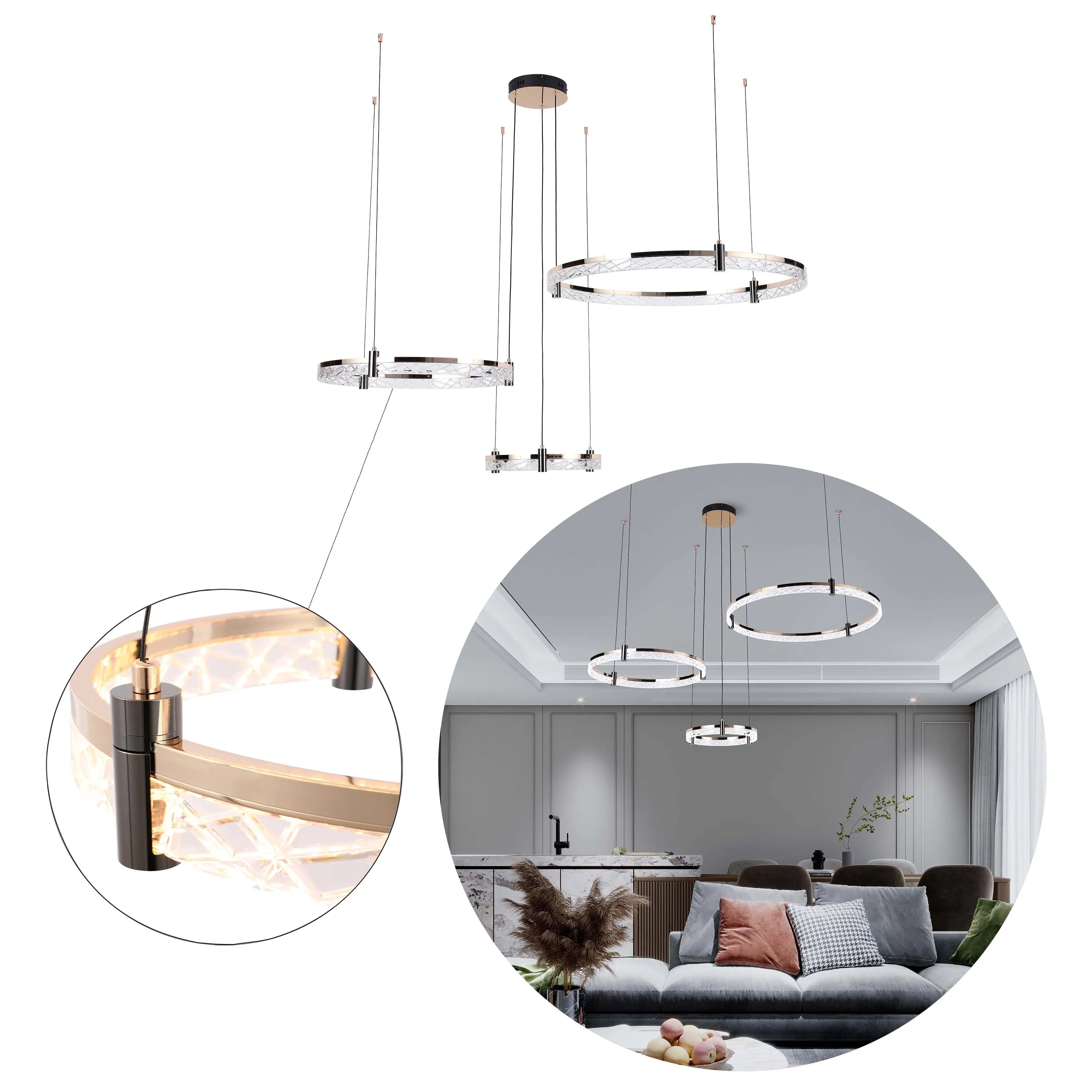 Lámpara de techo moderna LED, colgante de aros de cristal en niveles