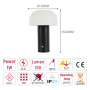 Lámpara de Mesa Negro LED Recargable Moderna en Forma de Hongo