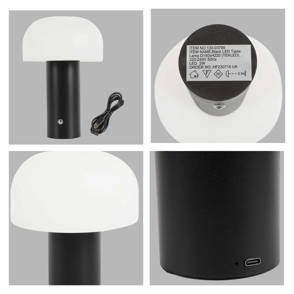 Lámpara de Mesa Negro LED Recargable Moderna en Forma de Hongo