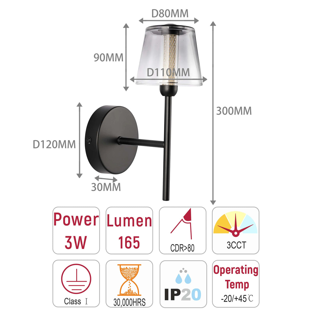 Lámpara LED Aplique de pared decorativo, J wattsB0344-1A Color Negro 3 watts 3000K