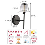 Lámpara LED Aplique de pared decorativo, J wattsB0344-1A Color Negro 3 watts 3000K
