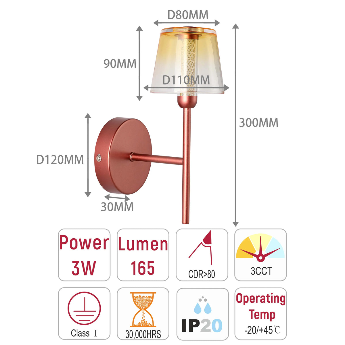 Lámpara LED Aplique de pared decorativo, J wattsB0344-1A Burgundy 3 watts 3000K