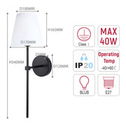 Lámpara de pared moderna con pantalla de tela blanca – Base E27, 540 mm de altura, regulable