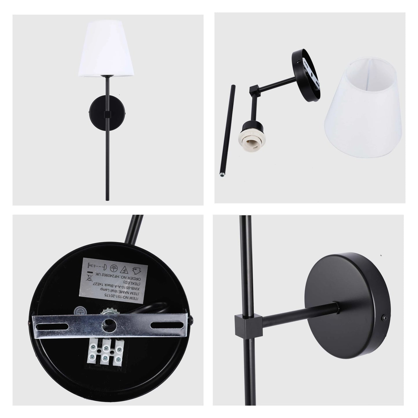 Lámpara de pared moderna con pantalla de tela blanca – Base E27, 540 mm de altura, regulable