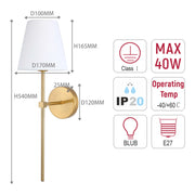 Lámpara de pared moderna con pantalla de tela blanca – Base E27, 540 mm de altura, regulable