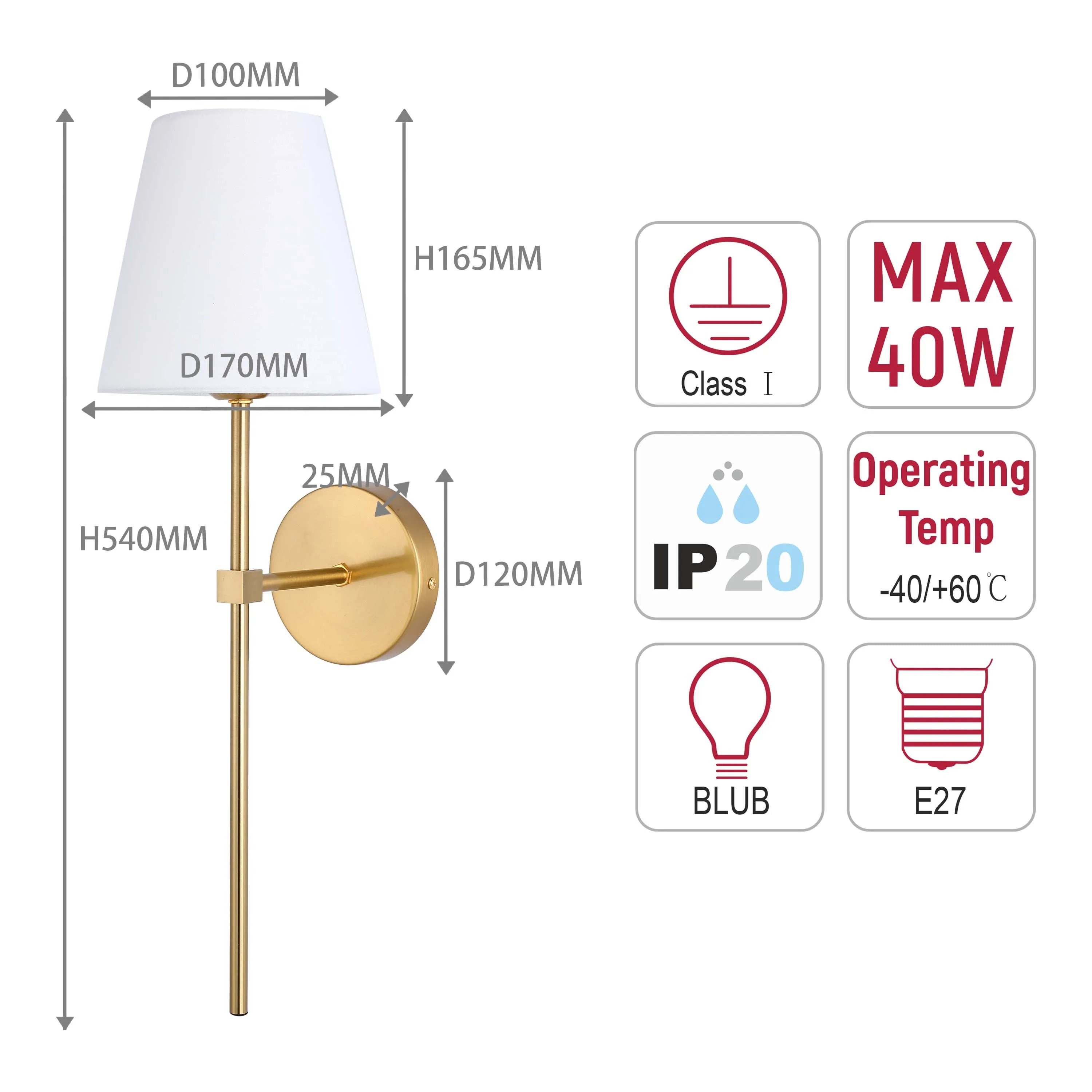 Lámpara de pared moderna con pantalla de tela blanca – Base E27, 540 mm de altura, regulable