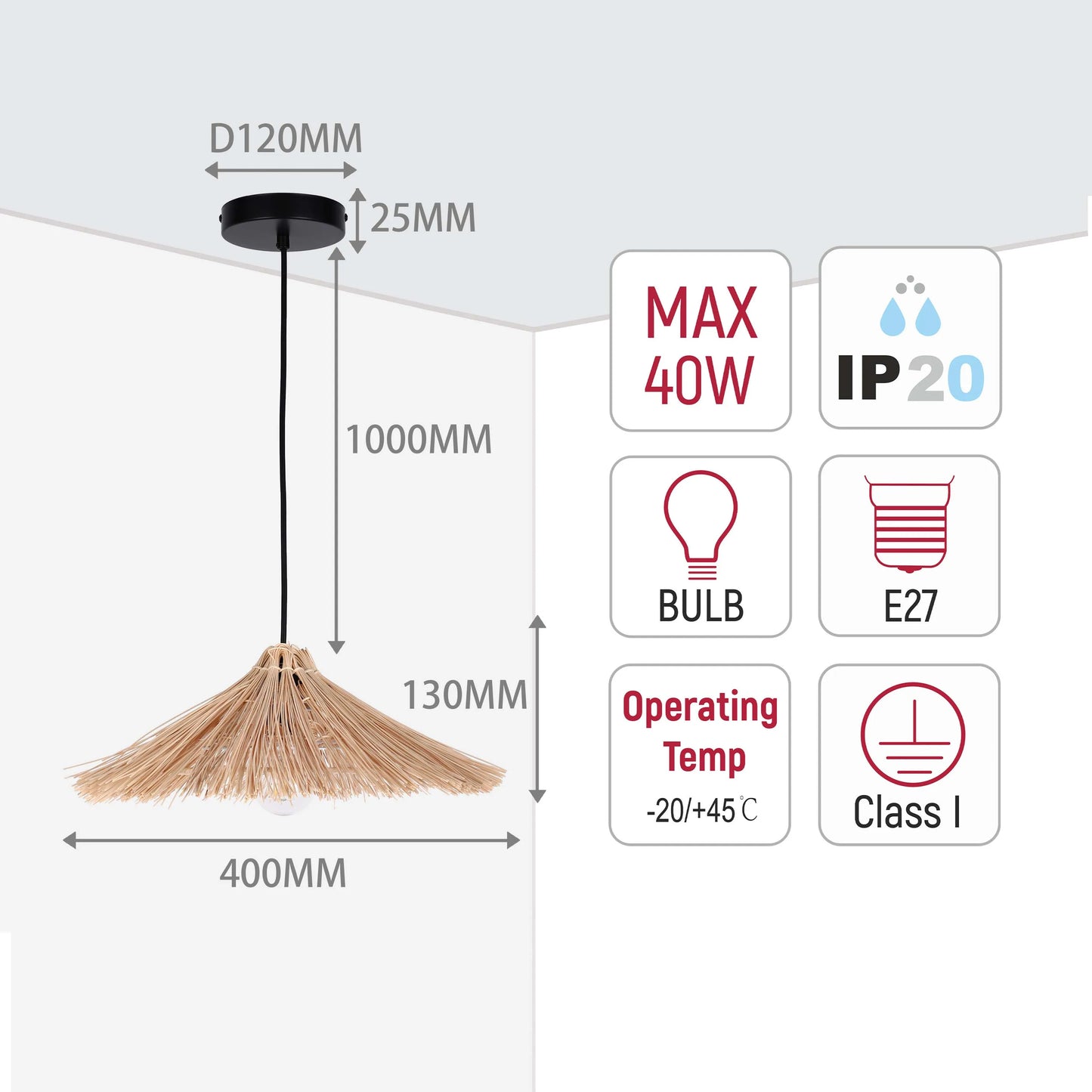 Lámpara Colgante Parasol de Bambú Natural con Portalámparas E27 y Cable Negro
