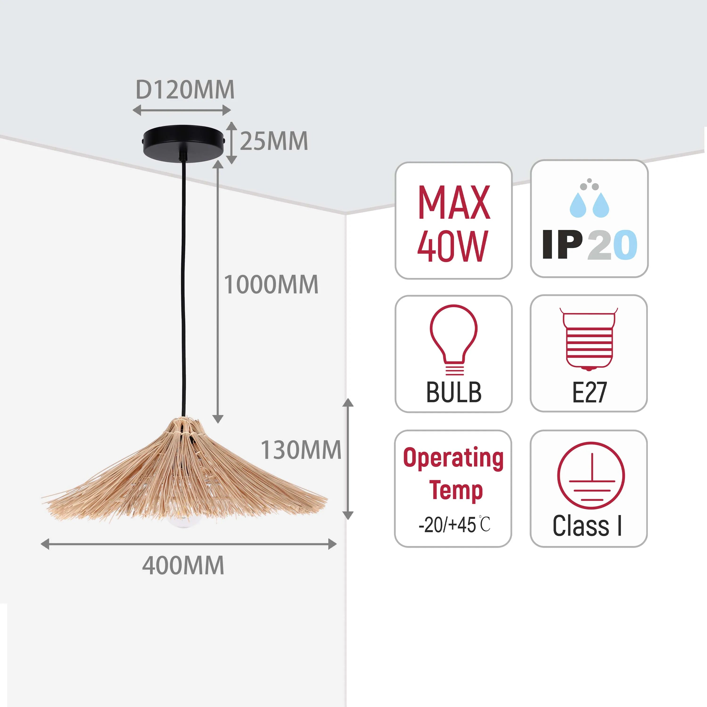 Lámpara Colgante Parasol de Bambú Natural con Portalámparas E27 y Cable Negro