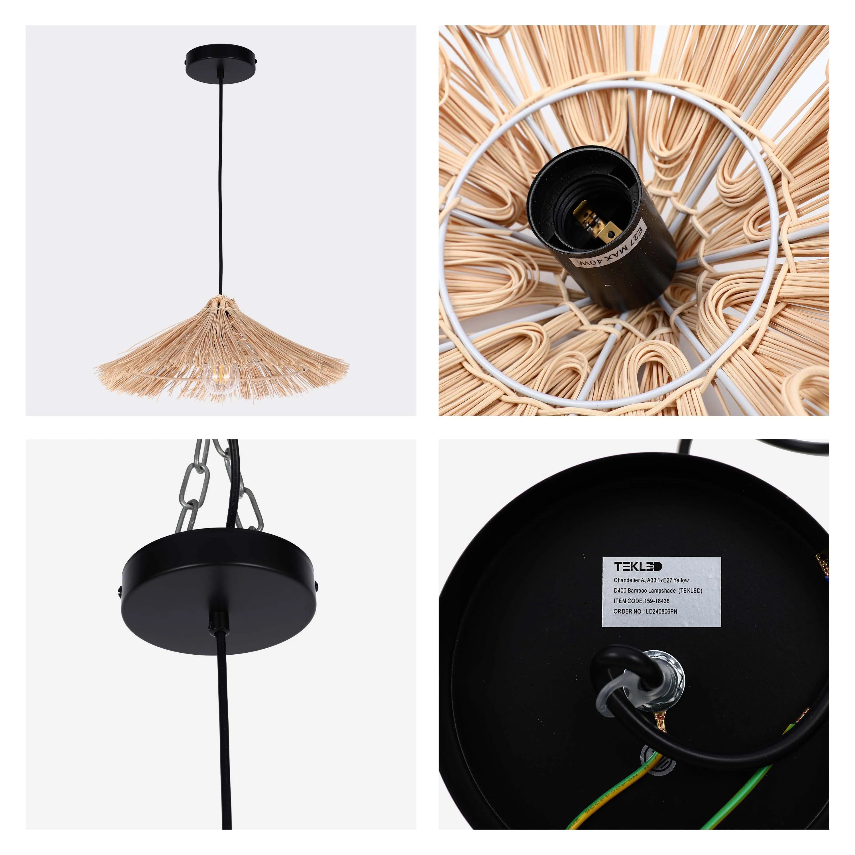 Lámpara Colgante Parasol de Bambú Natural con Portalámparas E27 y Cable Negro