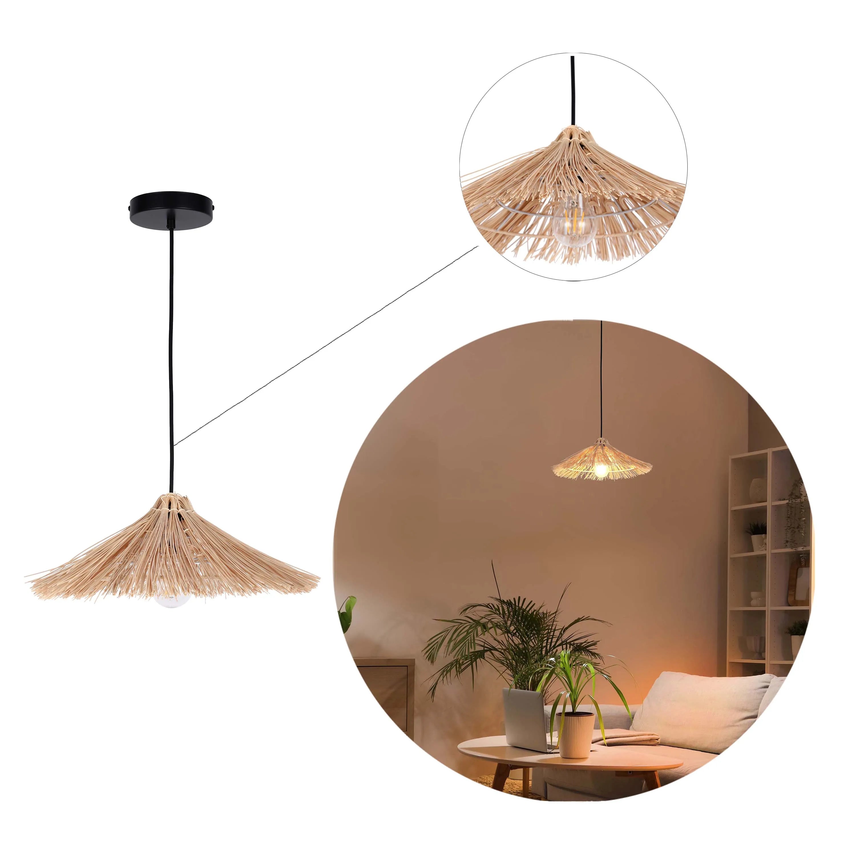 Lámpara Colgante Parasol de Bambú Natural con Portalámparas E27 y Cable Negro