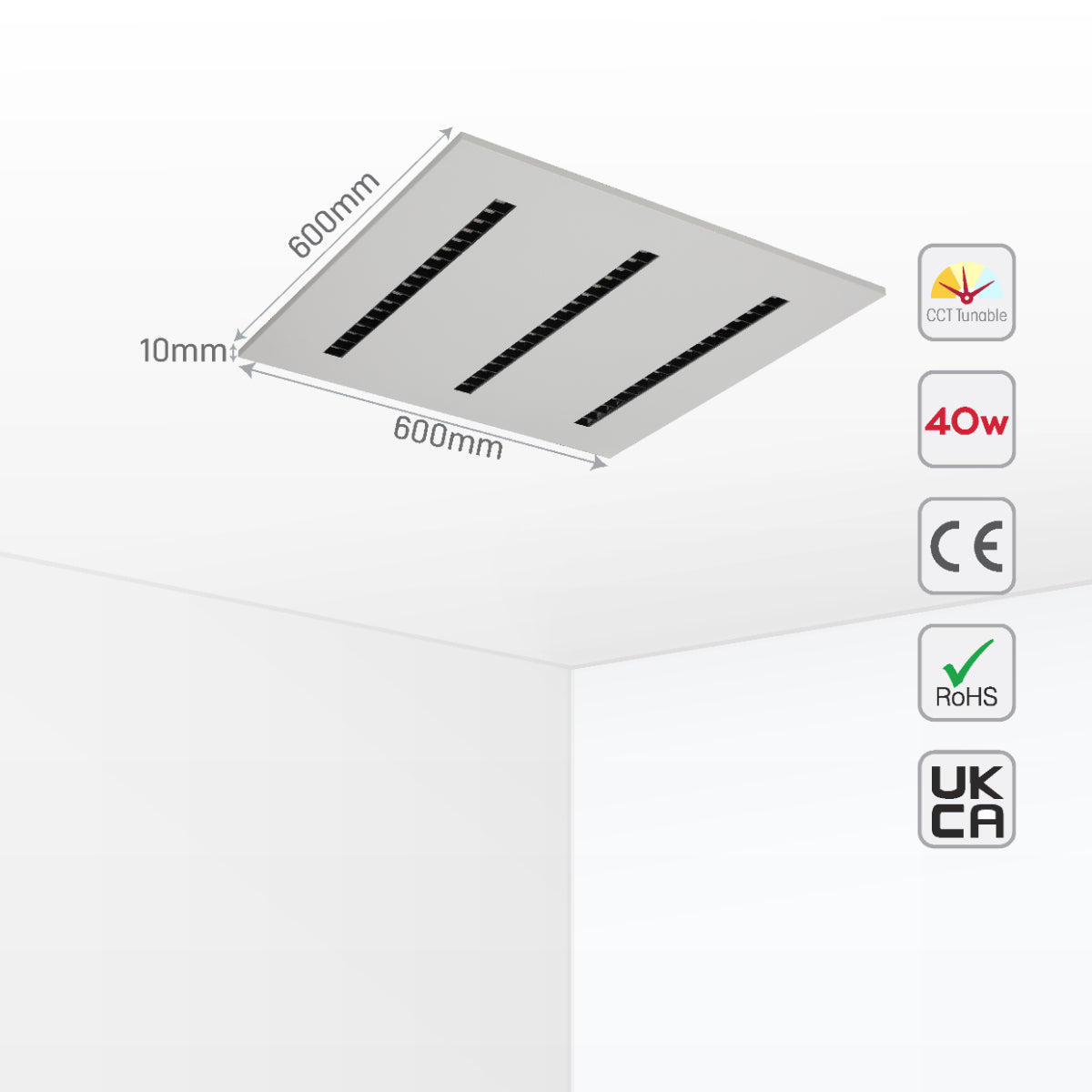 Panel LED anti-reflejo de 40W ideal para oficinas modernas, proporcionando iluminación de alta calidad con bajo UGR y tres temperaturas de color.