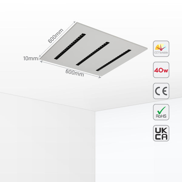 Panel LED anti-reflejo de 40W ideal para oficinas modernas, proporcionando iluminación de alta calidad con bajo UGR y tres temperaturas de color.
