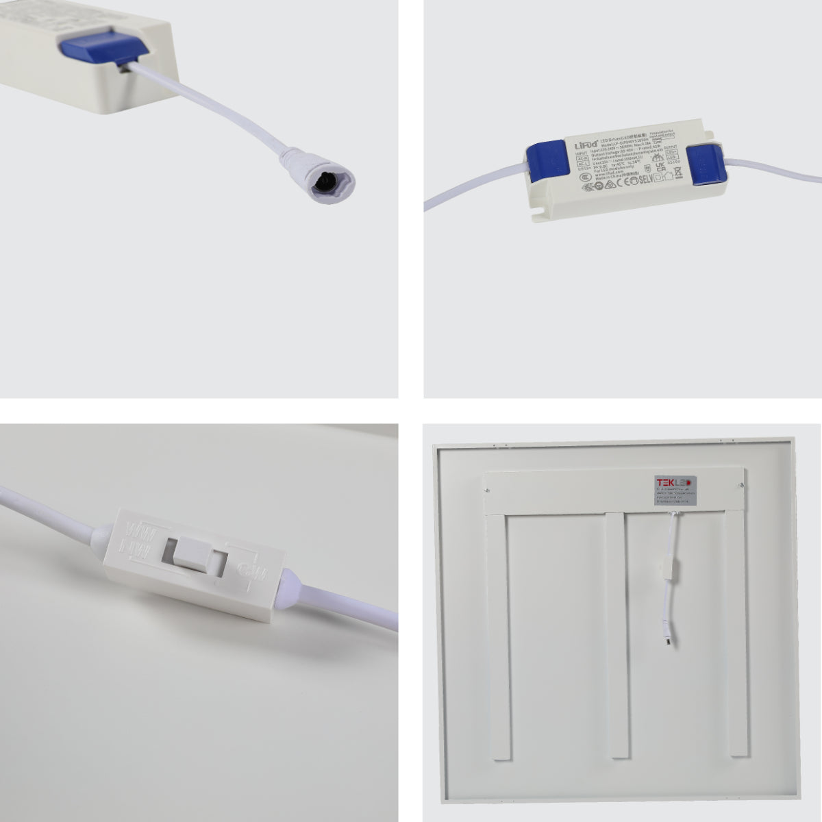 Detalles del panel LED de 40W, ideal para oficinas modernas, ofreciendo versatilidad con tres temperaturas de color para distintas actividades.
