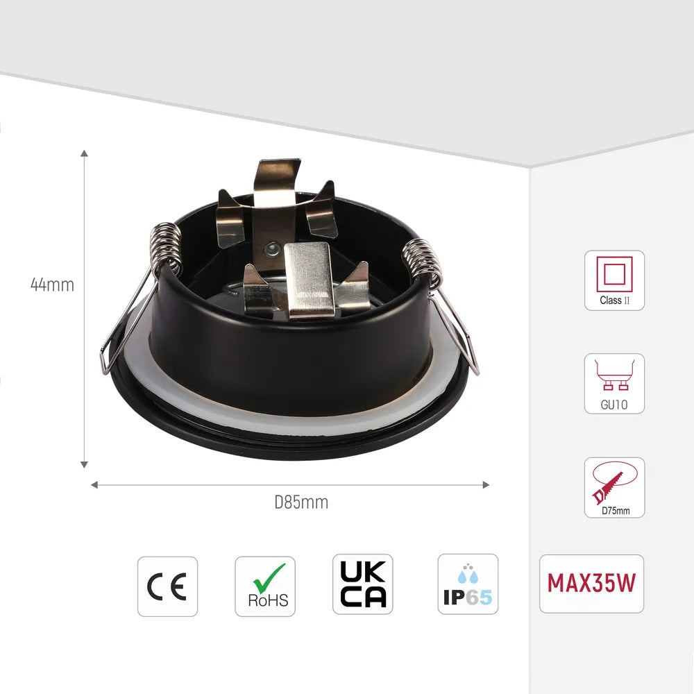 Tamaño y especificaciones técnicas del Downlight Empotrado IP65 GU10 con Caja de Conexiones – Negro/Blanco-143-03406