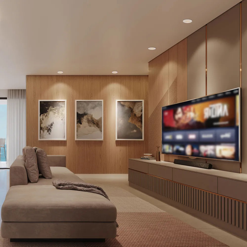Moderno dispositivo empotrado tipo GU10 en un diseño elegante en blanco y negro, que mejora la elegancia de un ambiente de sala de estar contemporáneo.143-03407