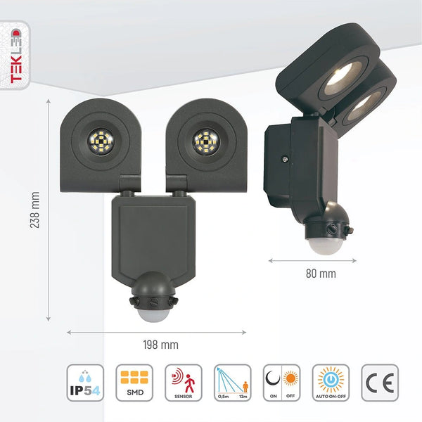 Graphical representation of dimensions and features of Wall-A Double Head Security Floodlight with PIR Sensor 20W Cool White 4000K