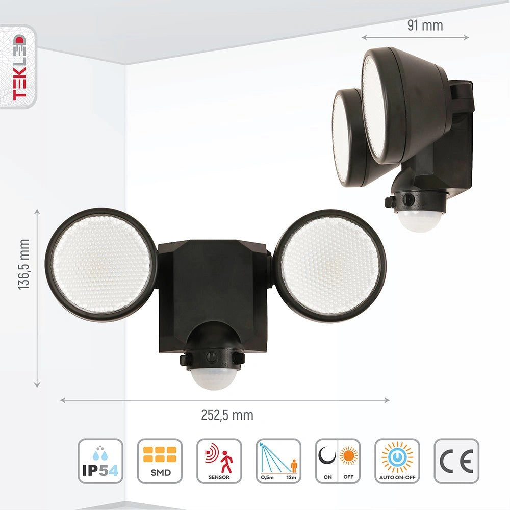 Graphical representation of dimensions and features of Wall-E Double Head Security Floodlight with PIR Sensor 20W Cool White 4000K