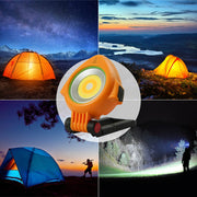 Imagen de una lámpara de inundación portátil, ideal para exteriores, perfecta para acampar o eventos al aire libre, con diseño funcional y robusto.