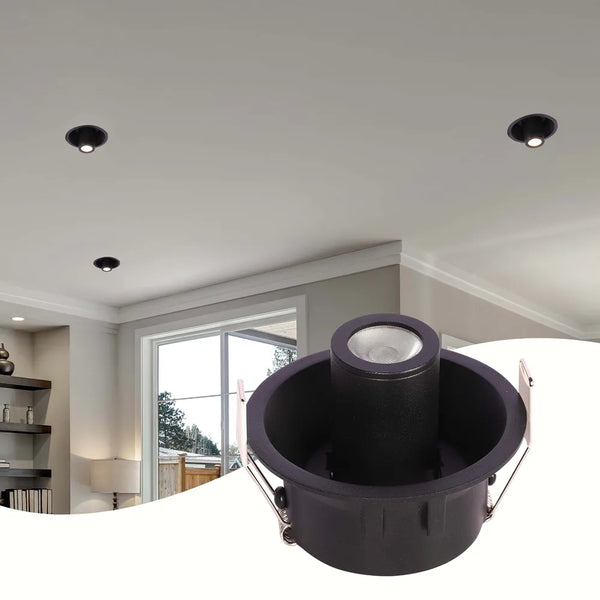 Foco LED empotrable elegante que exhibe un diseño moderno en un entorno de sala de estar con decoración contemporánea, proporcionando una iluminación brillante y ajustable.143-03420