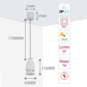 Tamaño y especificaciones técnicas del Downlight Colgante LED Sentinel con Difusor de Anillo de Policarbonato 7W Blanco Cálido-150-19078
