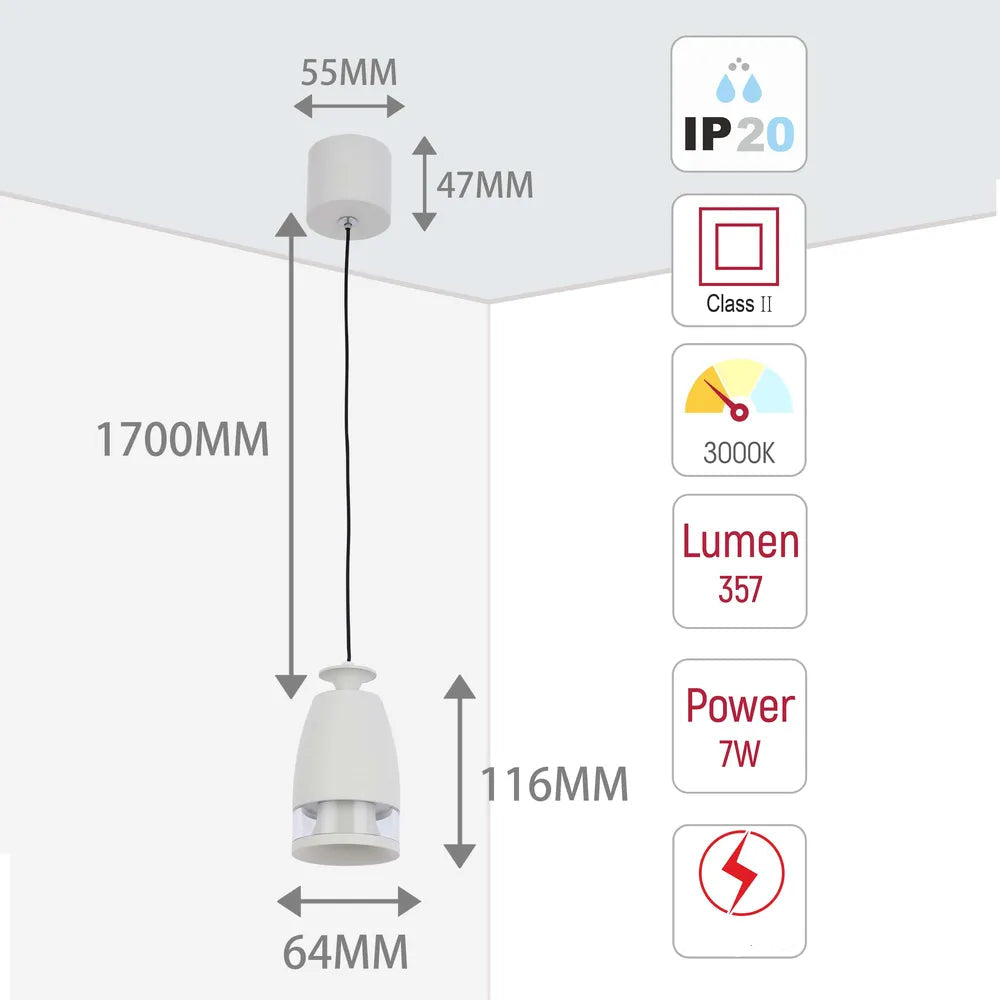 Tamaño y especificaciones técnicas del Downlight Colgante LED Sentinel con Difusor de Anillo de Policarbonato 7W Blanco Cálido-150-19078