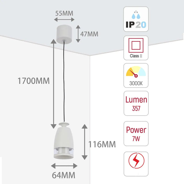 Tamaño y especificaciones técnicas del Downlight Colgante LED Sentinel con Difusor de Anillo de Policarbonato 7W Blanco Cálido-150-19078