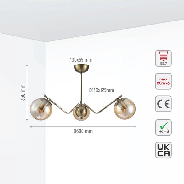 Size and tech specs of Amber Cone Glass Antique Brass Metal Spider Semi Flush Ceiling Light | TEKLED 159-17188