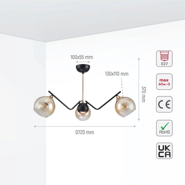Size and tech specs of Amber Cone Glass Black Gold Metal Spider Semi Flush Ceiling Light | TEKLED 159-17182